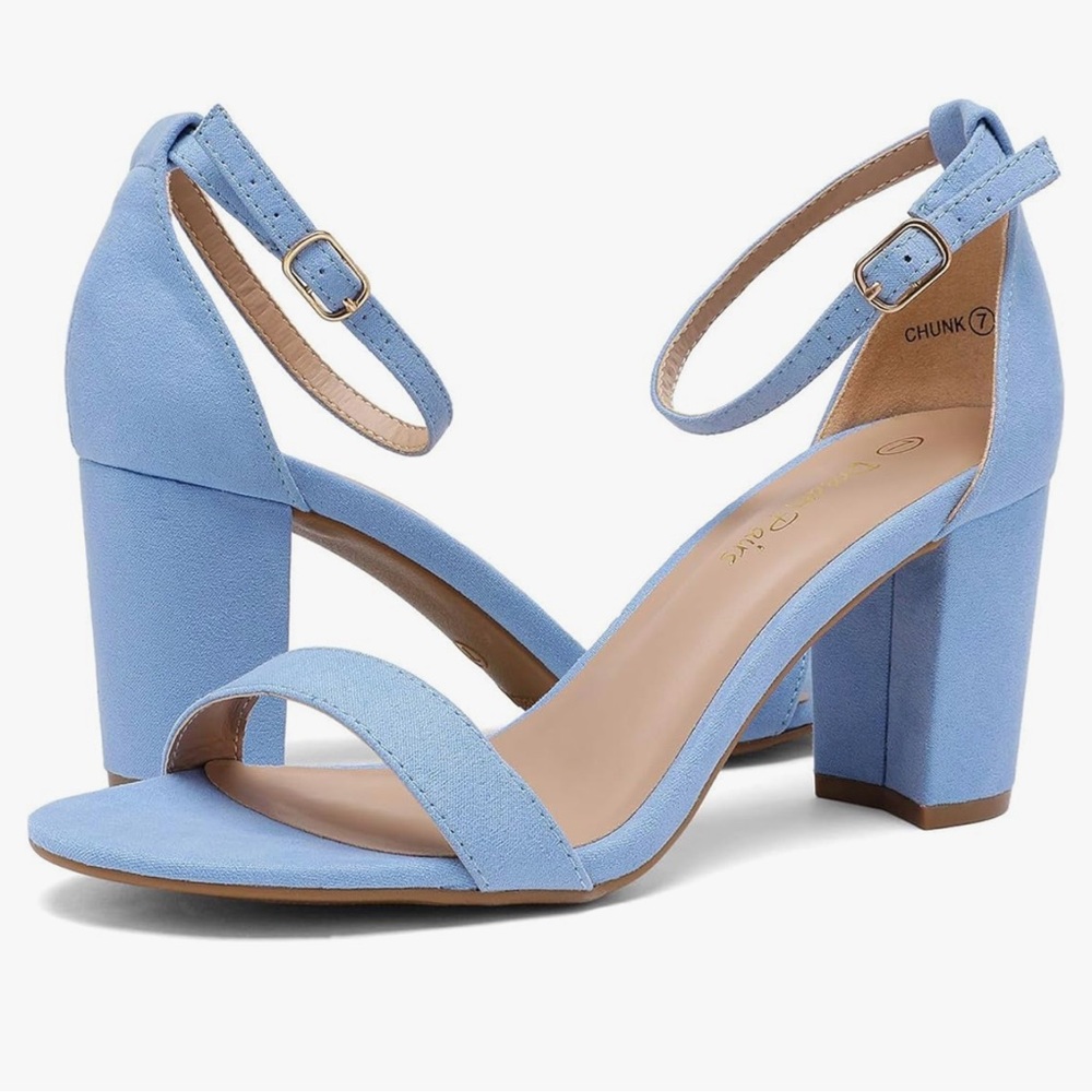 DREAM PAIRS Women’s Chunk Low Heel Pump Sandals Baby/ Blue/ Suede Size 10